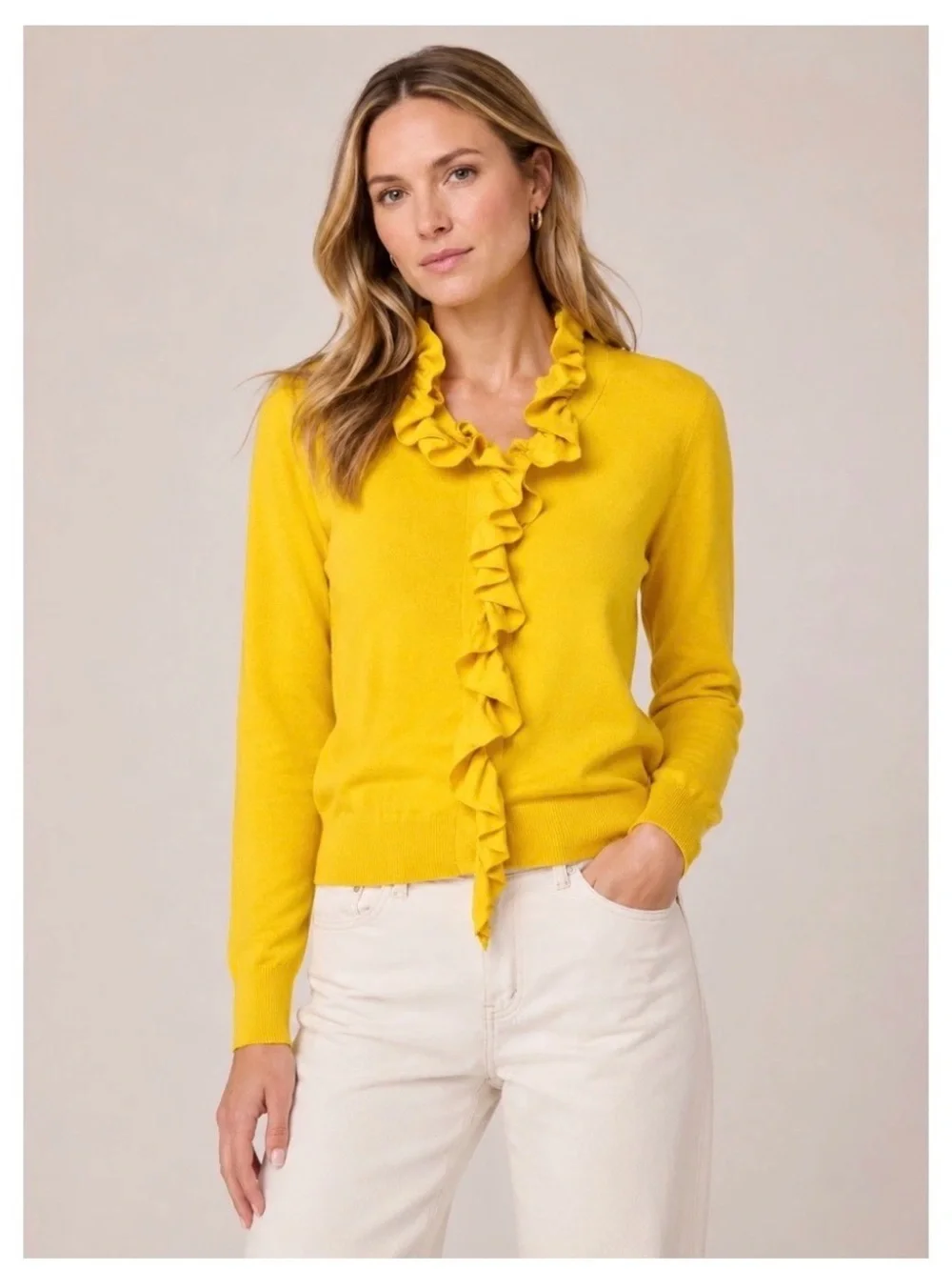 J.CREW 100% Merino Wool Cardigan Sweater S Mustard Yellow Ruffle Trim Preppy